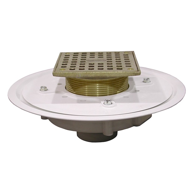 Jones Stephens 2in. Heavy Duty PVC Drain Base with 3-1/2in. Metal Spud ands 5in. Polished Brass Strainer D50066 - main